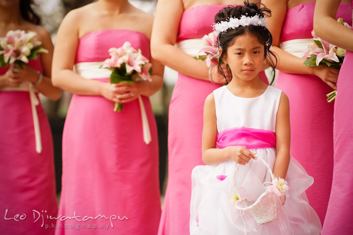 Flower girl in between the bridesmaids. Ceresville Mansion Frederick Maryland Wedding Photo by wedding photographer Leo Dj Photography